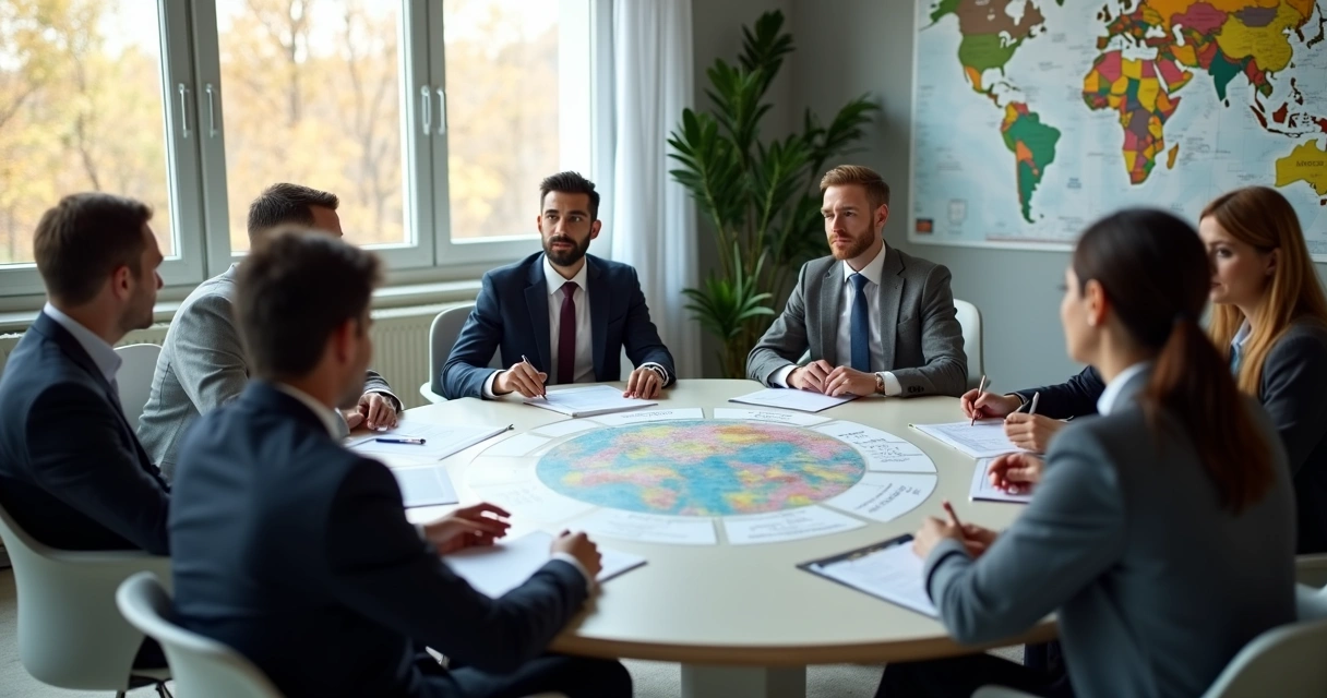 Pessoas em reunião analisando valores éticos globais