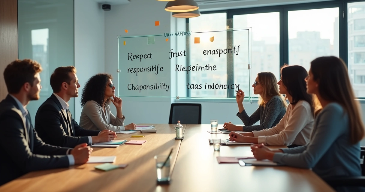 Equipe em reunião mapeando valores em quadro 