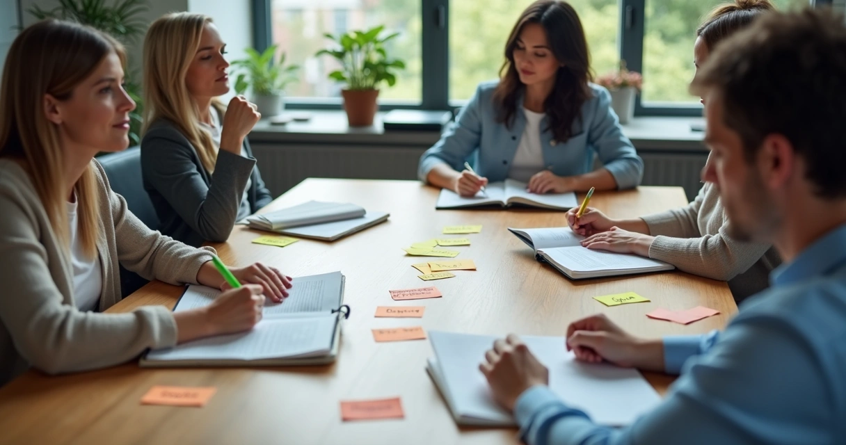 Equipe em reunião refletindo sobre valores no trabalho