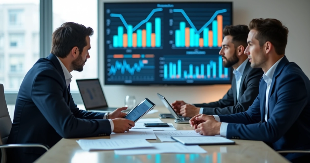 Reunião de avaliação de empresa com gráficos de IA 