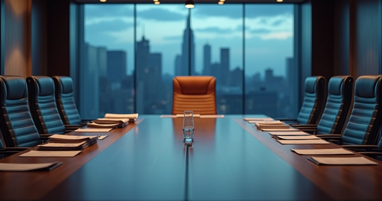 Sala de conselho sofisticada com cadeira vazia em destaque 
