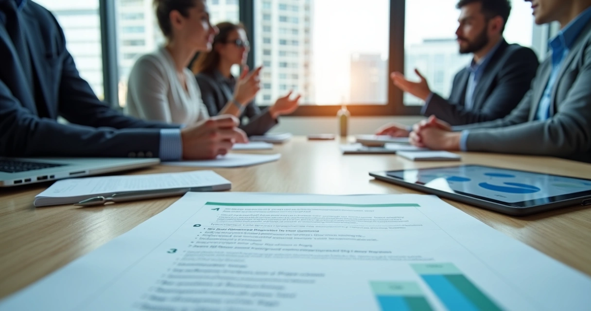 Equipe de BPO financeiro apresentando proposta de vendas em reunião com empresário 