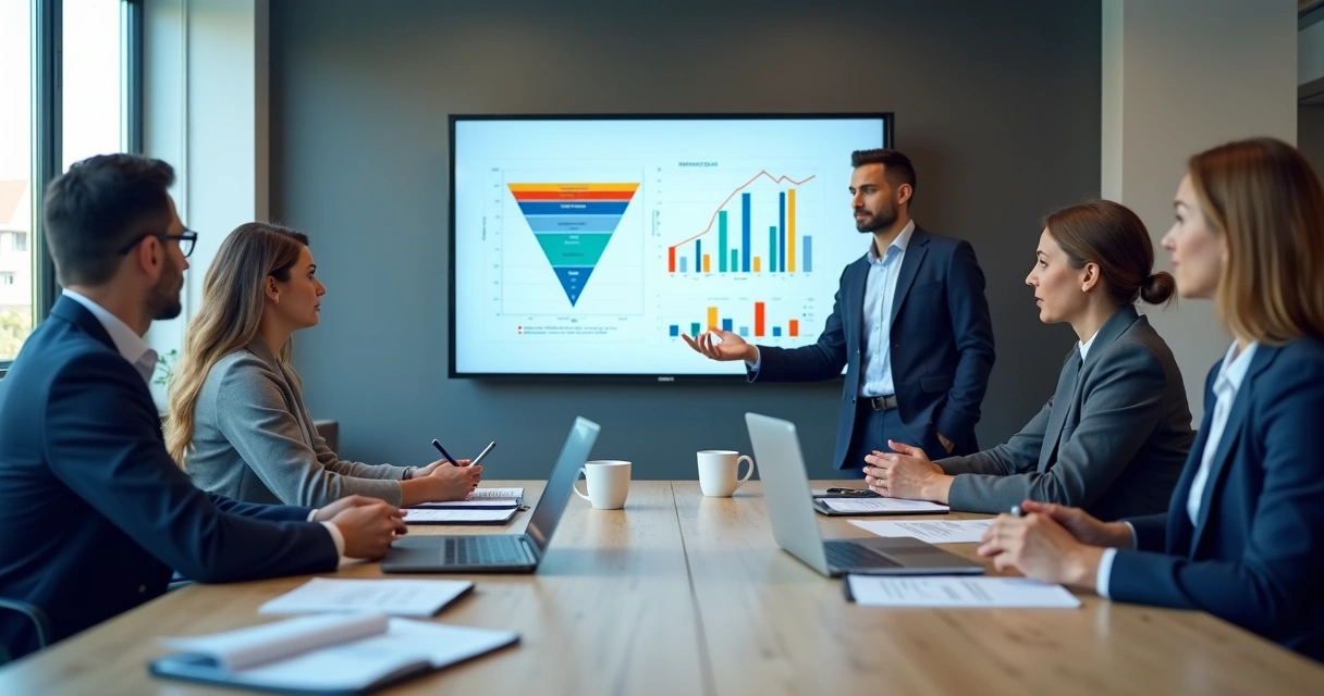 Reunião de vendas B2B com análise de dados na tela