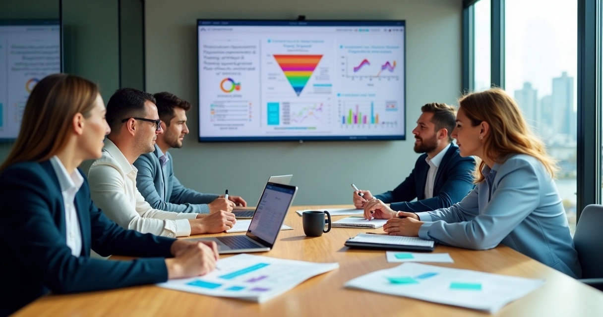 Equipe comercial em reunião consultiva analisando dados de vendas na tela 