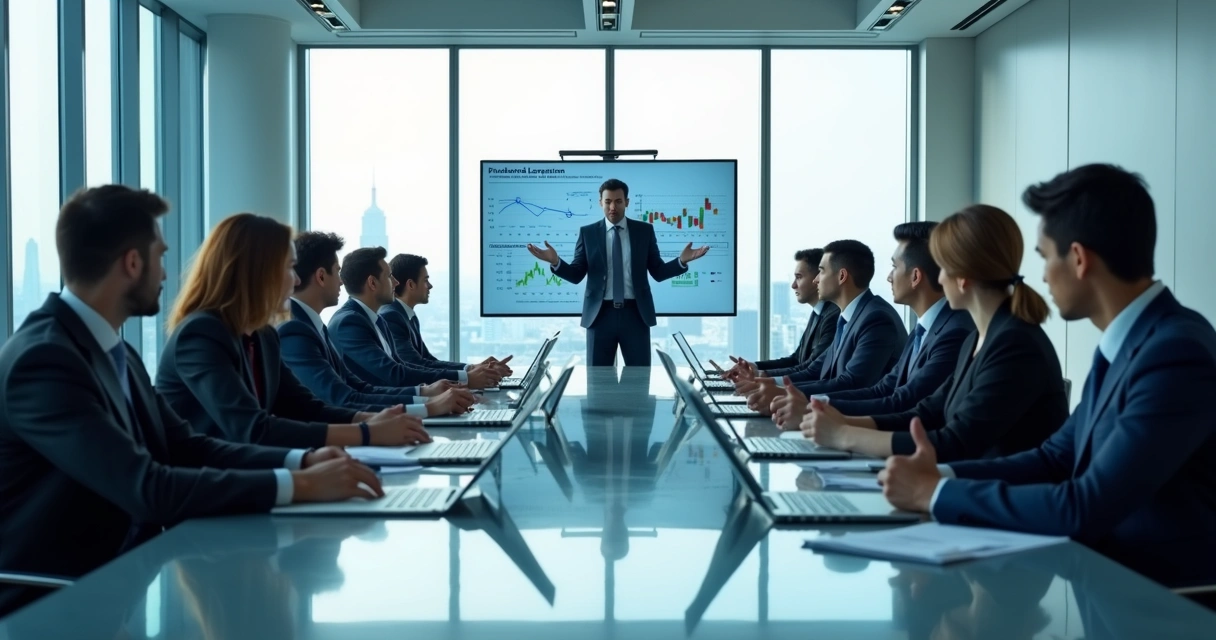 Reunião comercial com equipe corporativa em sala de vidro