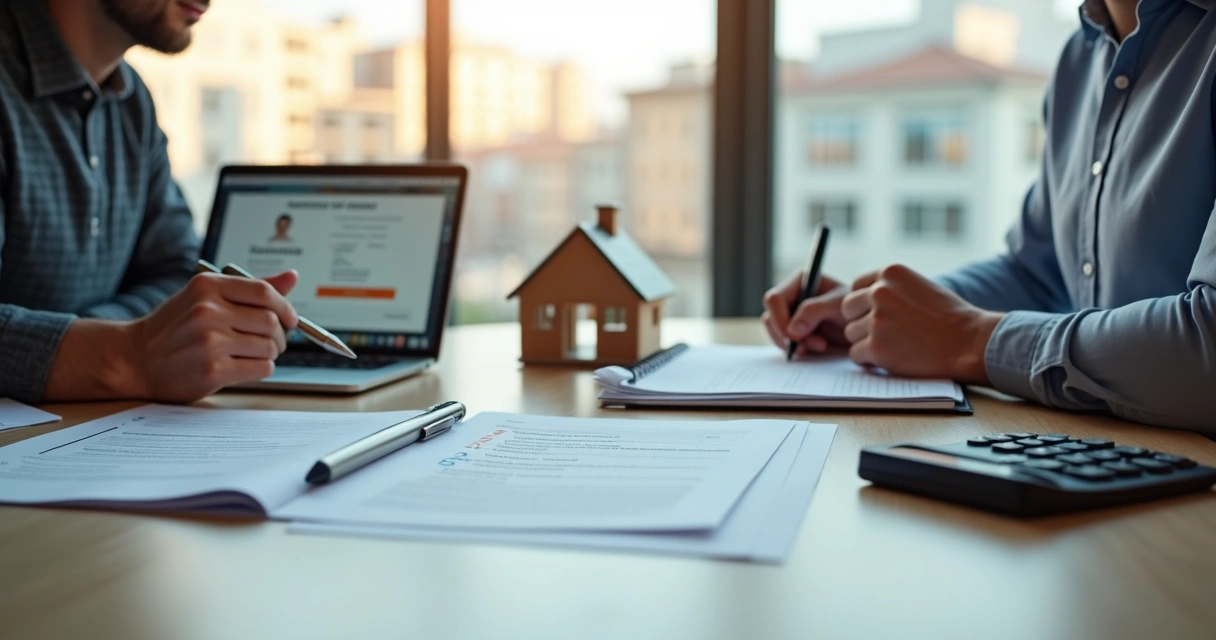Pessoa analisando proposta de venda direta de imóvel em mesa com notebook e miniatura de casa 