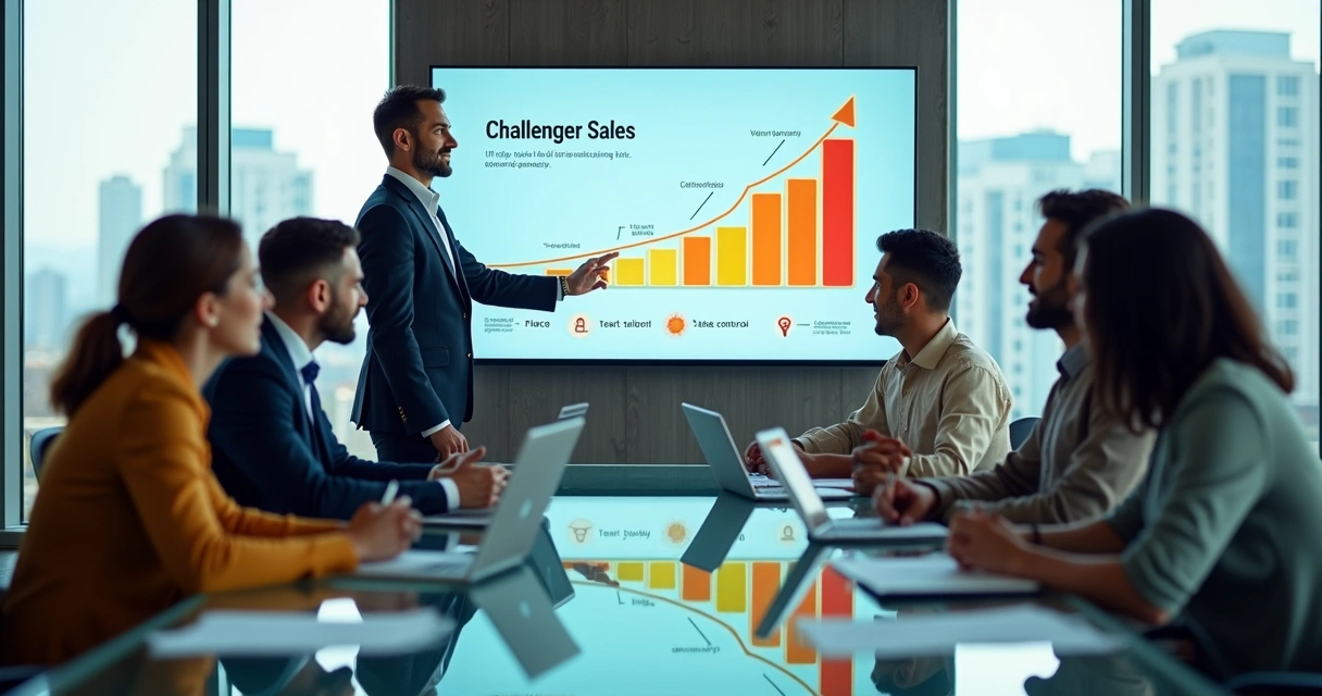 Líder de vendas explicando estratégia Challenger Sales em reunião B2B 