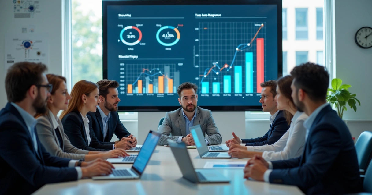 Equipe de vendas reunida analisando métricas de tempo de resposta em um escritório moderno