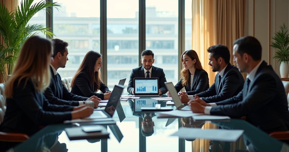 Executivos em reunião moderna discutindo estratégia de vendas para serviços financeiros 