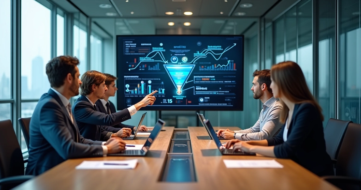 Um time comercial analisando dados complexos em uma sala de reuniao