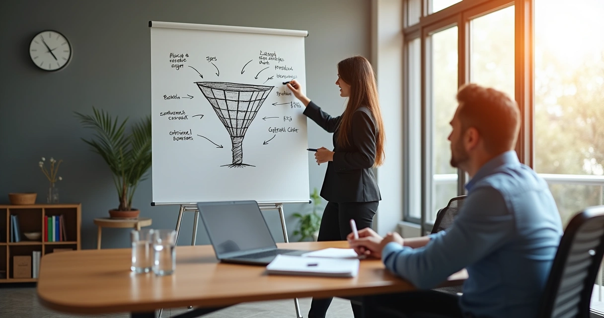 Empresário e vendedora analisando problema de vendas em quadro branco em sala de reunião 