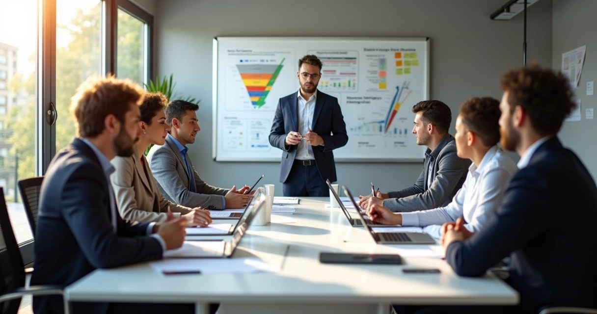 Equipe reunida em sala para reunião de qualificação de leads 