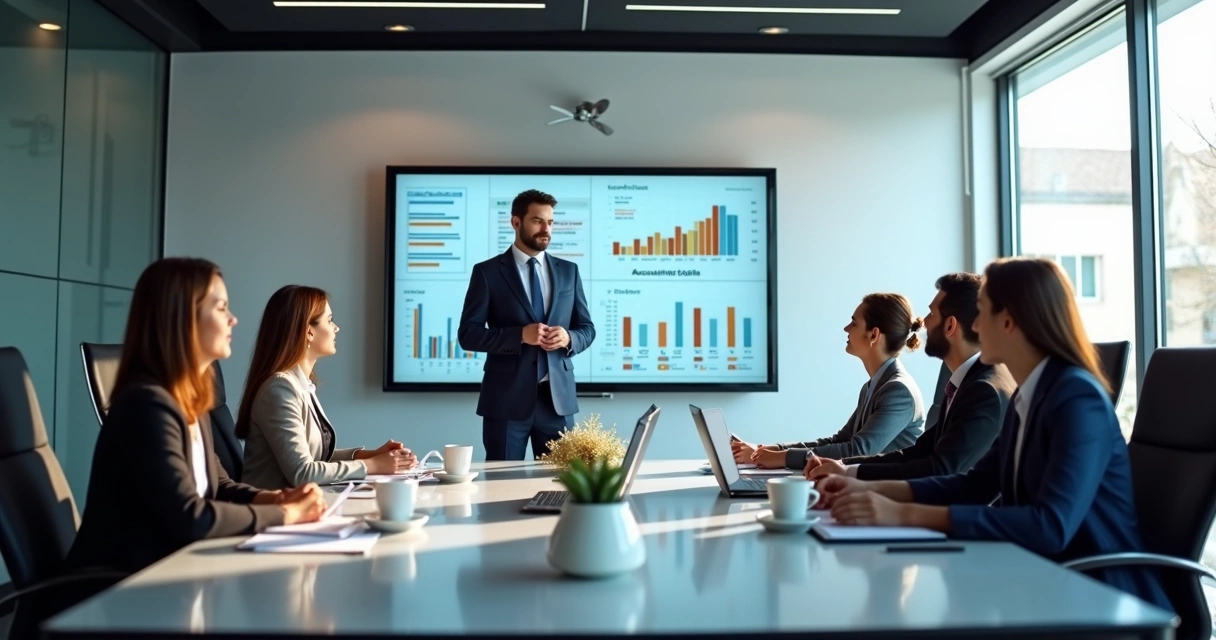 Profissional explicando técnicas de vendas para equipe em sala de reunião com gráficos e anotações 
