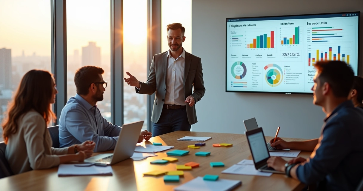 Equipe de vendas em reunião analisando objeções de clientes em gráficos na tela 