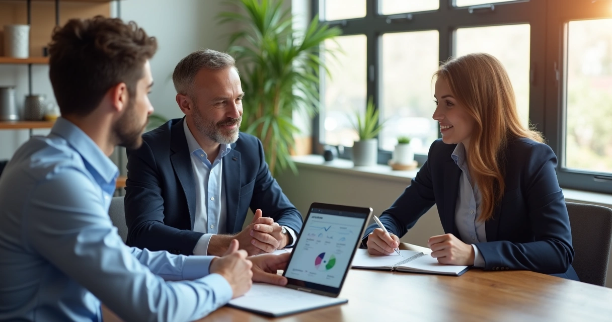 Consultor conversando com cliente em reunião de vendas consultiva, bloco de anotações à vista 