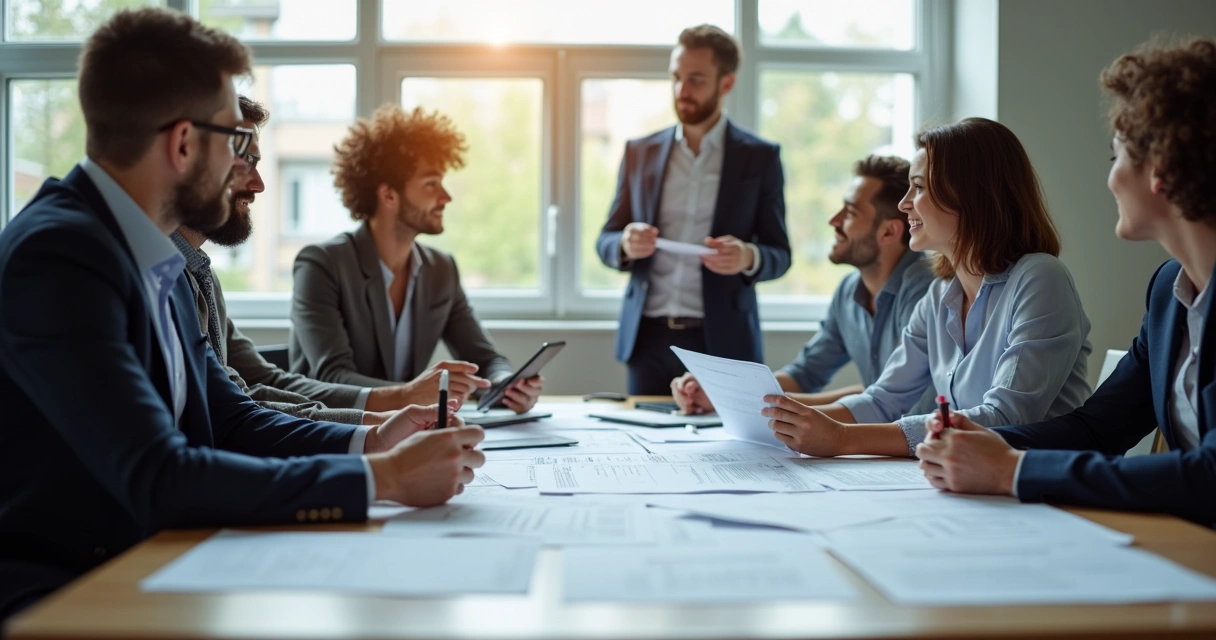 Equipe de vendas em reunião discutindo scripts no escritório 