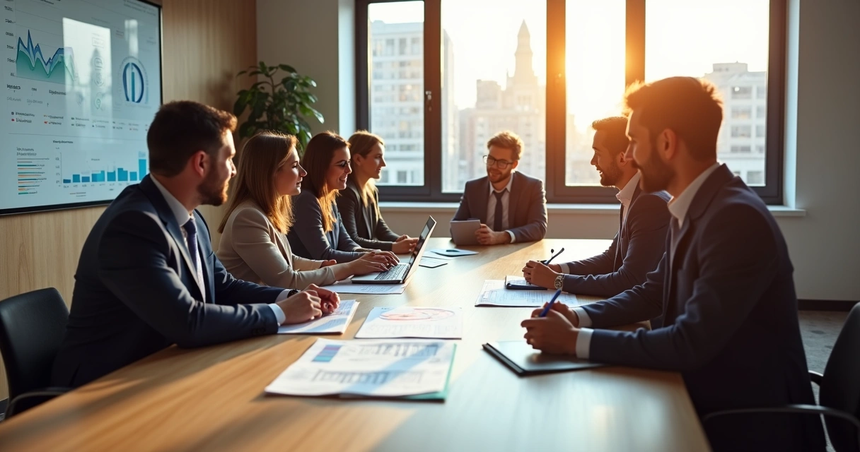 Equipe de vendas em reunião analisando gráficos de vendas em uma mesa 