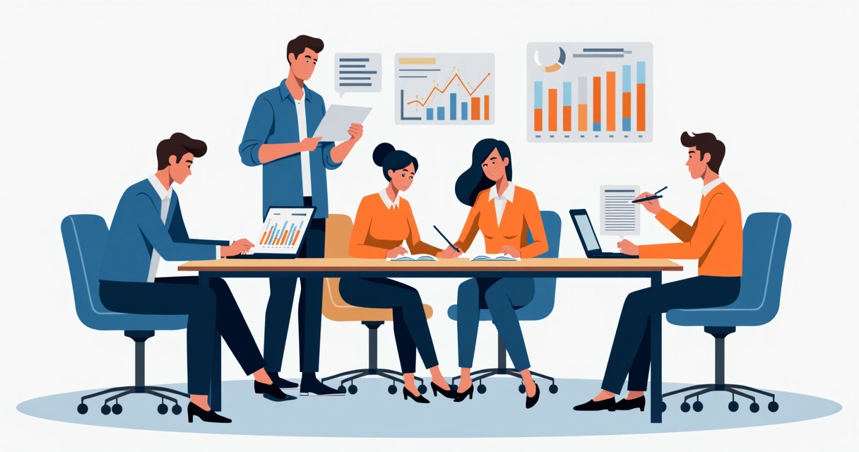 Equipe comercial reunida em torno de mesa, analisando gráficos em ambiente corporativo