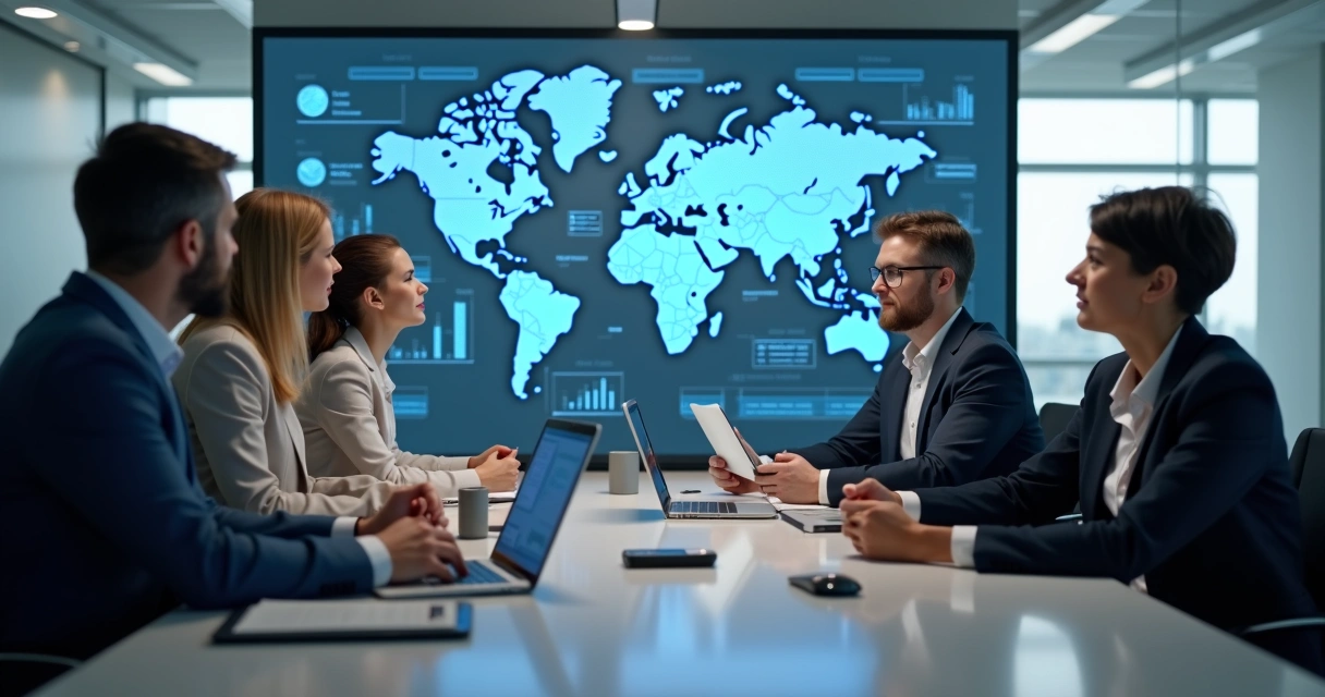 Equipe comercial analisando painéis de IA nas vendas