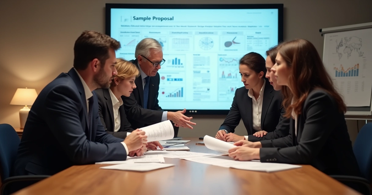 Reunião de análise de proposta comercial com equipe de vendas em escritório moderno