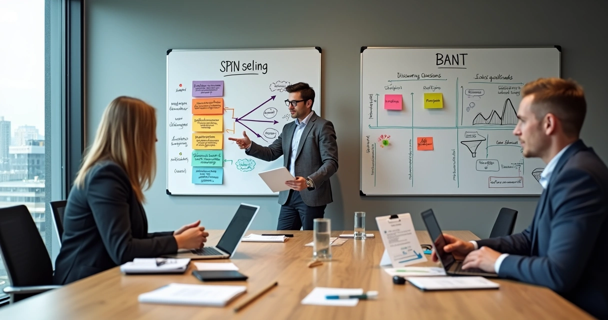 Equipe de vendas analisando quadros com estratégias diferentes em sala de reunião 