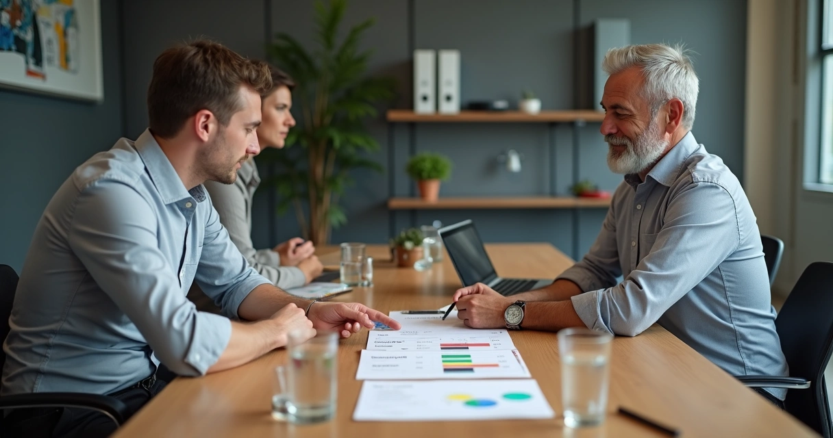 Gestor comercial em reunião mostrando alternativa ao fornecedor atual 