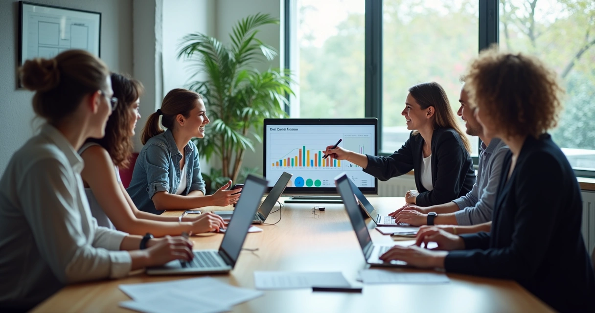 Reunião de equipe de vendas SaaS com gráficos em mesa. 