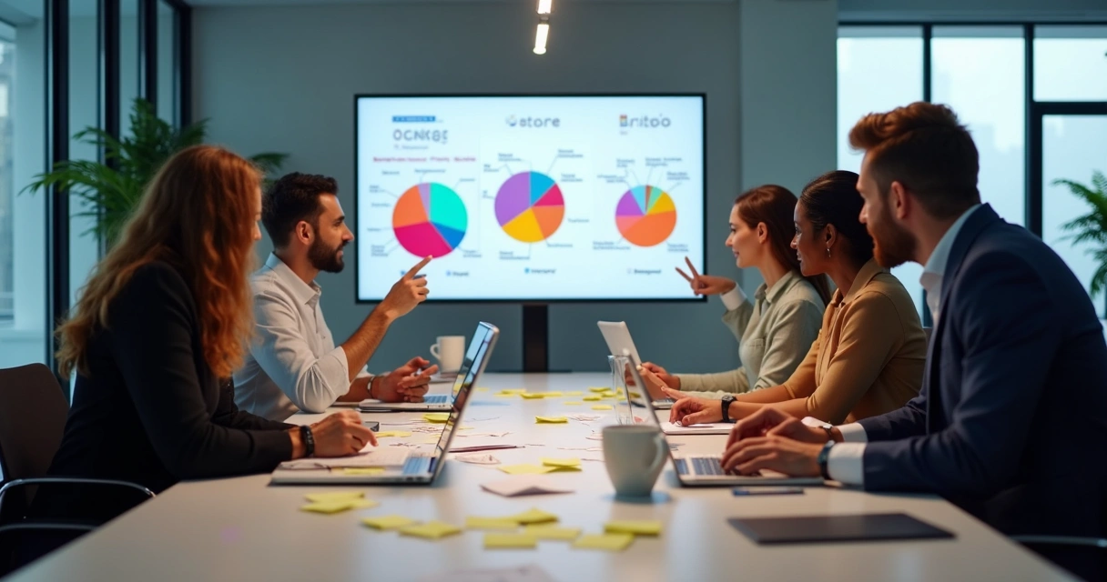 Equipe de vendas estudando gráficos de segmentos industriais diferentes 