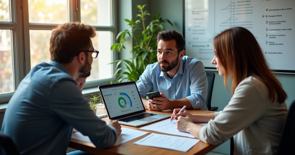 Pequena equipe revisando metas e resultados de vendas em reunião 