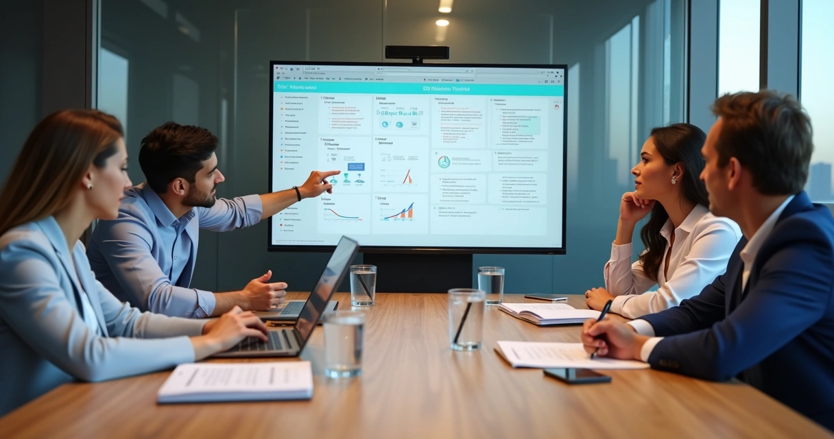 Equipe de vendas em reunião consultiva analisando dados em tela com cliente B2B 