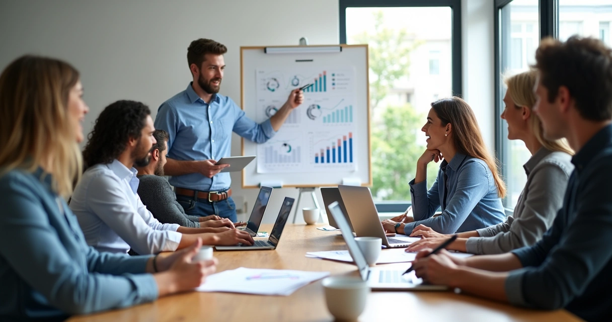 Time comercial em reunião avaliando resultados e traçando metas 