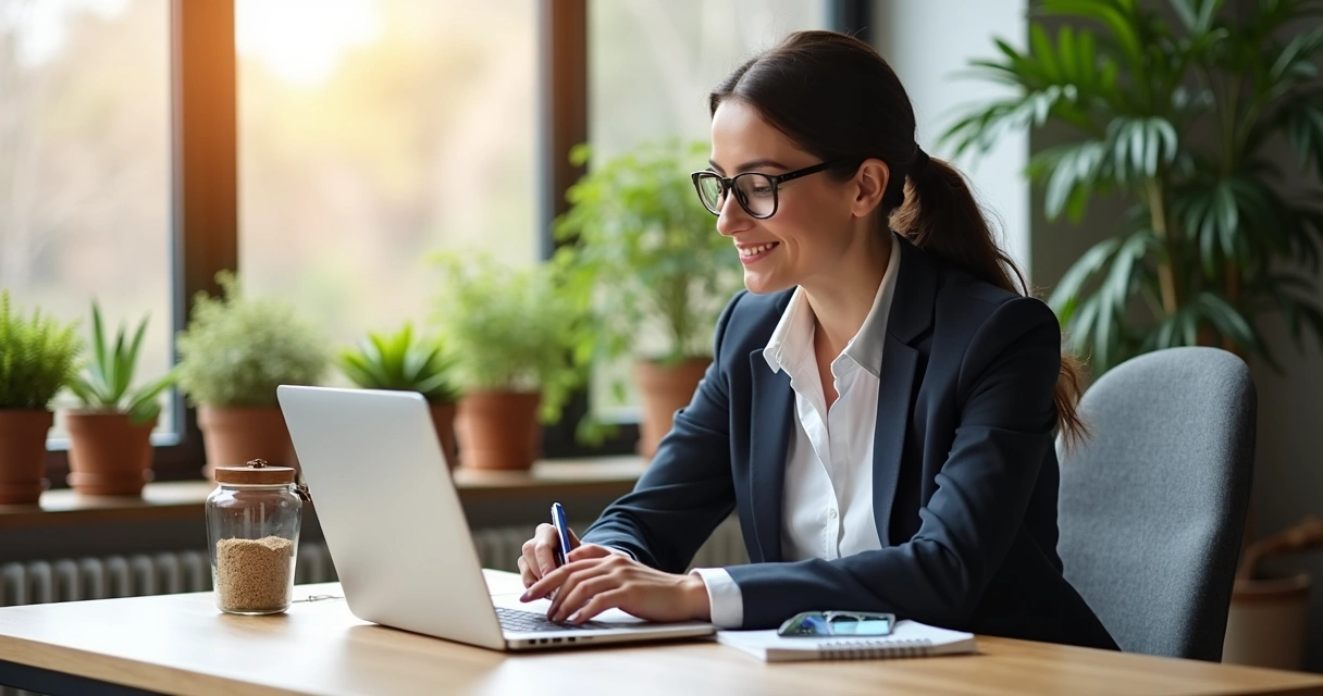 Profissional em reunião virtual de vendas com notebook na mesa e gráficos na tela 