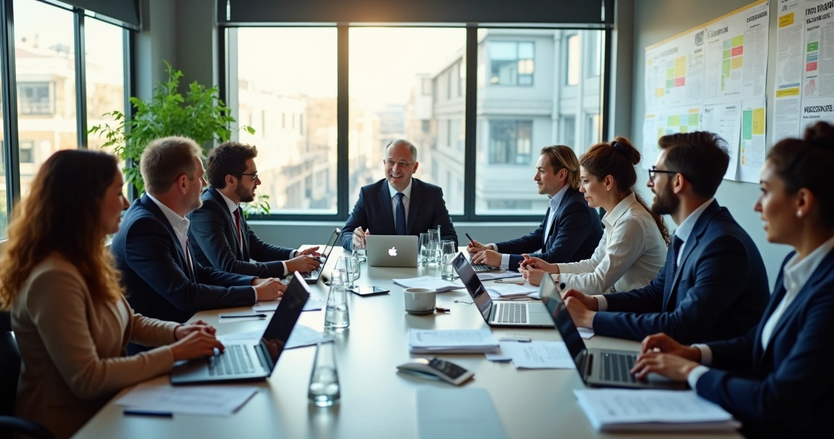 Equipe parlamentar reunida com computadores e tablets organizando contatos de eleitores
