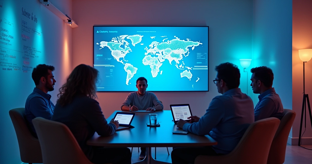 Sala de reunião com vereadores analisando gráficos em tablets e uma tela grande
