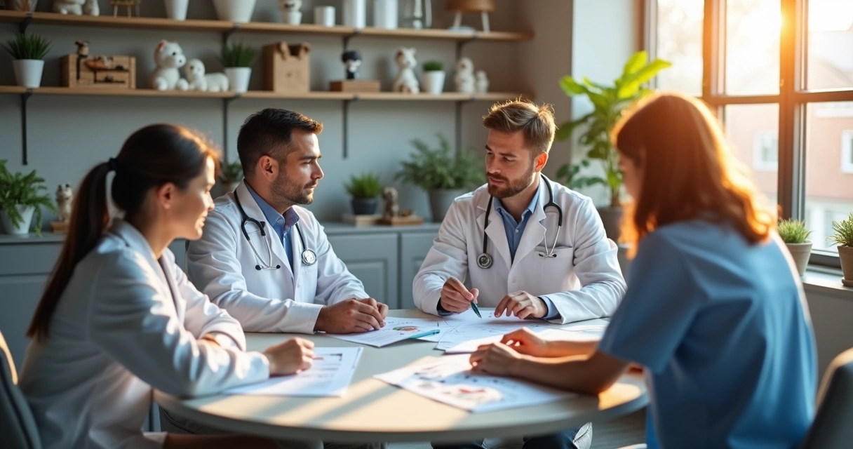 Veterinários reunidos com contador discutindo finanças em pet shop 