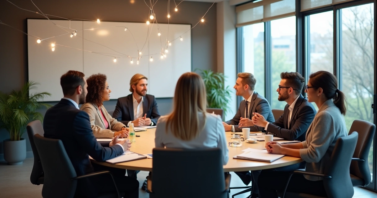 Equipe em reunião com conexões visuais entre pessoas e líder