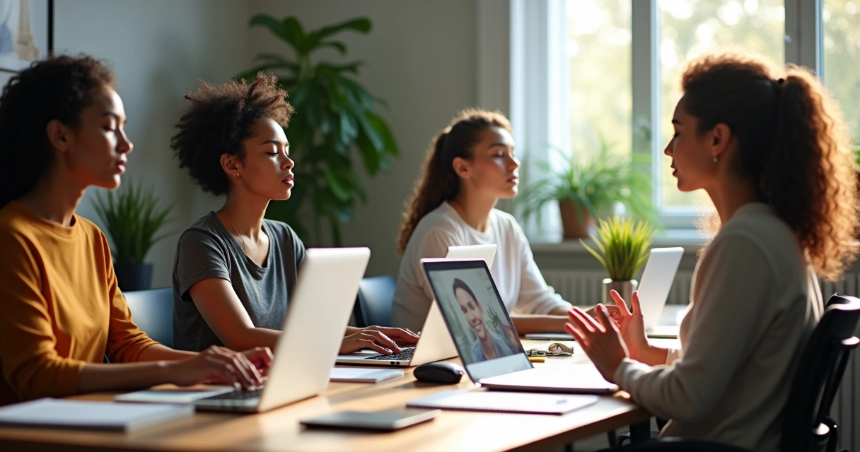 Equipe em reunião virtual praticando atenção plena 