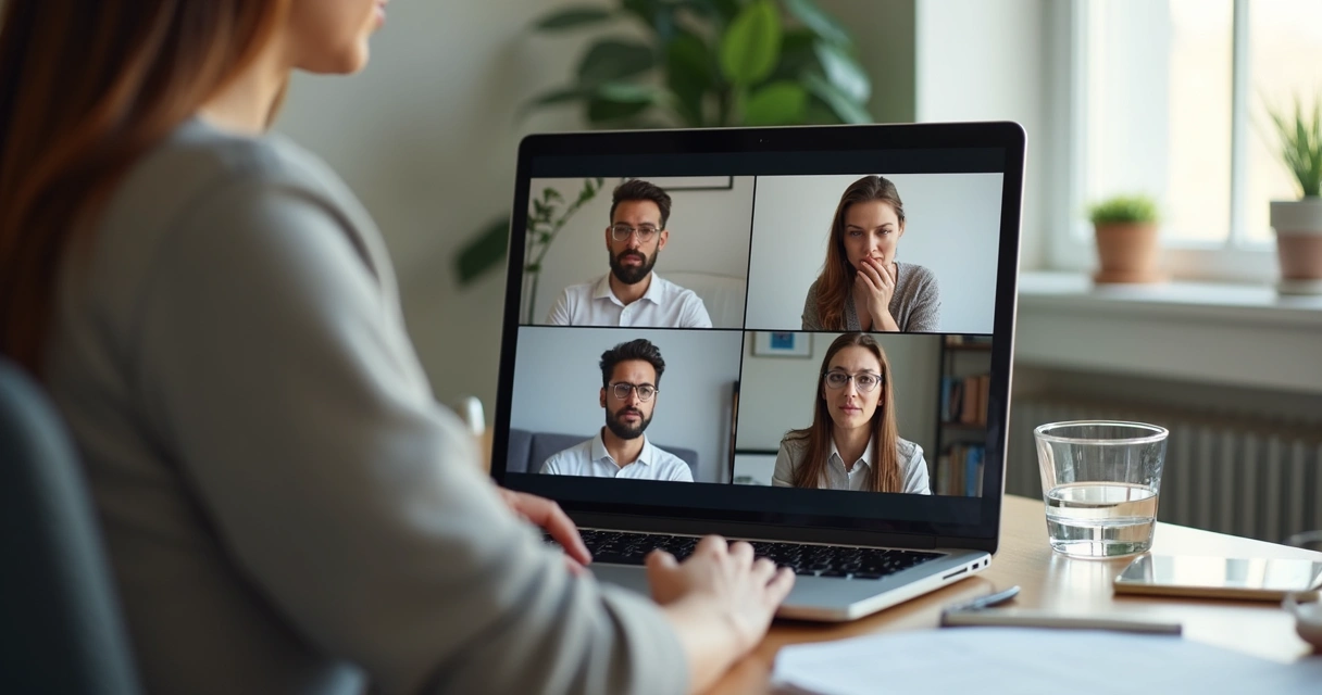 Equipe em reunião virtual observando expressões na tela 