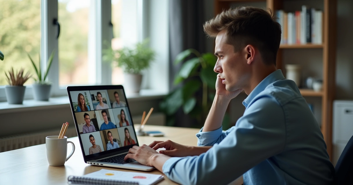 Pessoa em reunião virtual com sinais de cansaço em ambiente doméstico