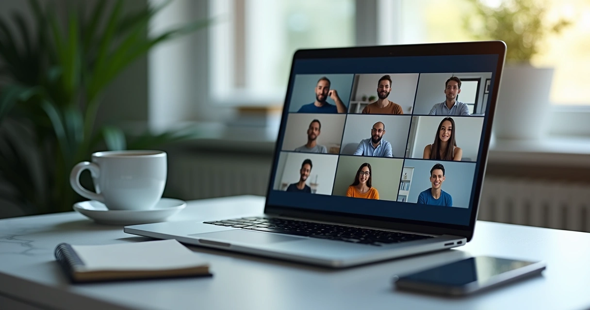 Participantes cansados em reunião virtual no notebook