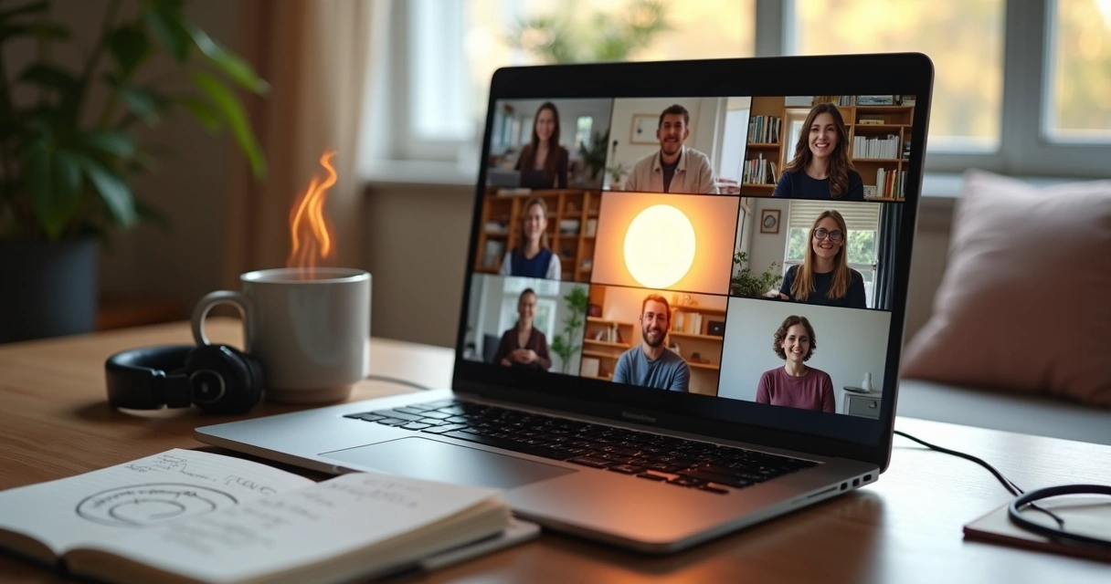 Grupo em círculo em reunião virtual com clima acolhedor 