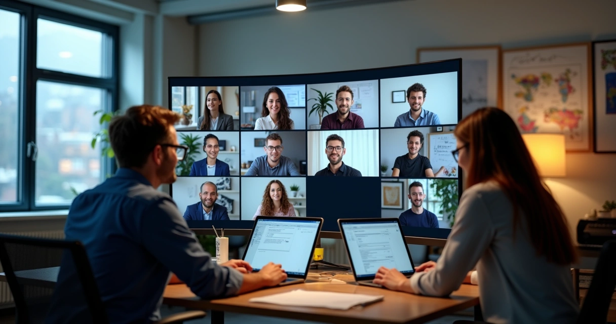 Equipe trabalhando em reunião virtual dinâmica em telas de computador 