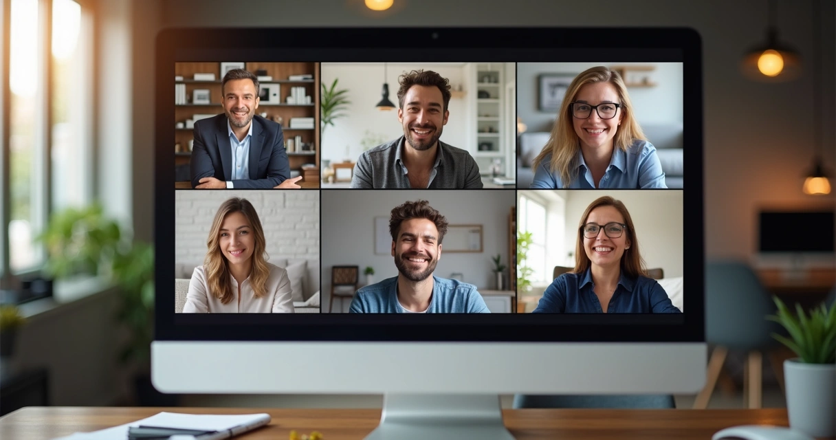 Grupo em videoconferência sorrindo e interagindo pela tela 