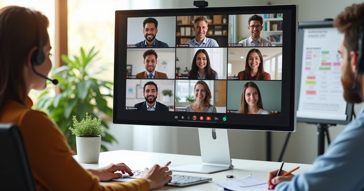 Equipe em videoconferência com painel de tarefas ao fundo 