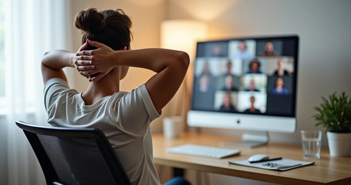 Pessoa em reunião virtual alongando os ombros diante do computador 