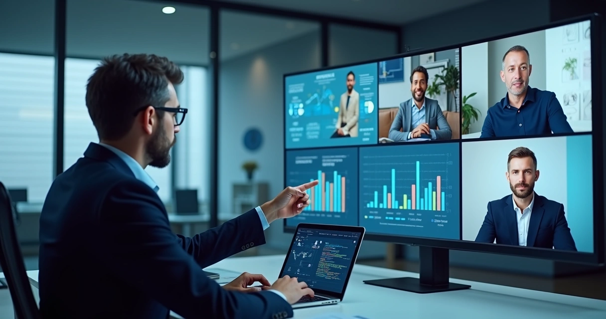 Líder em reunião virtual apontando para gráficos em tela de notebook 