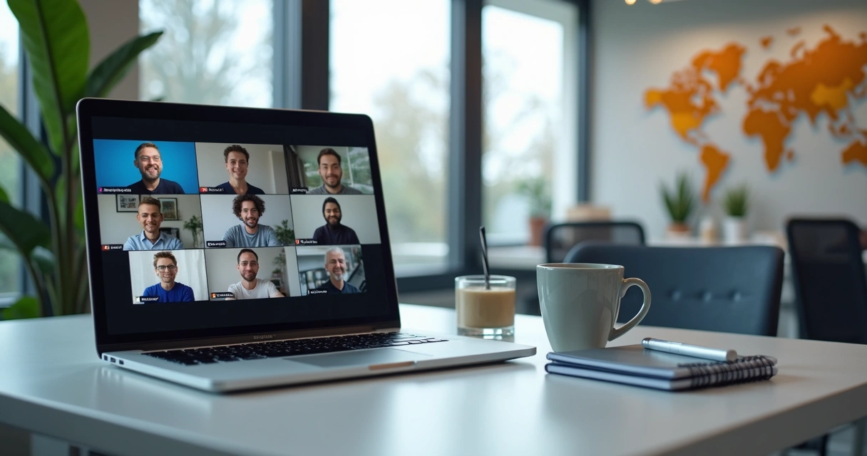 Equipe em reunião virtual com pessoas em várias telas