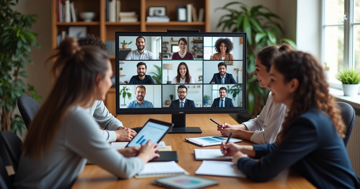 Equipe reunida em videoconferência discutindo tomada de decisão 
