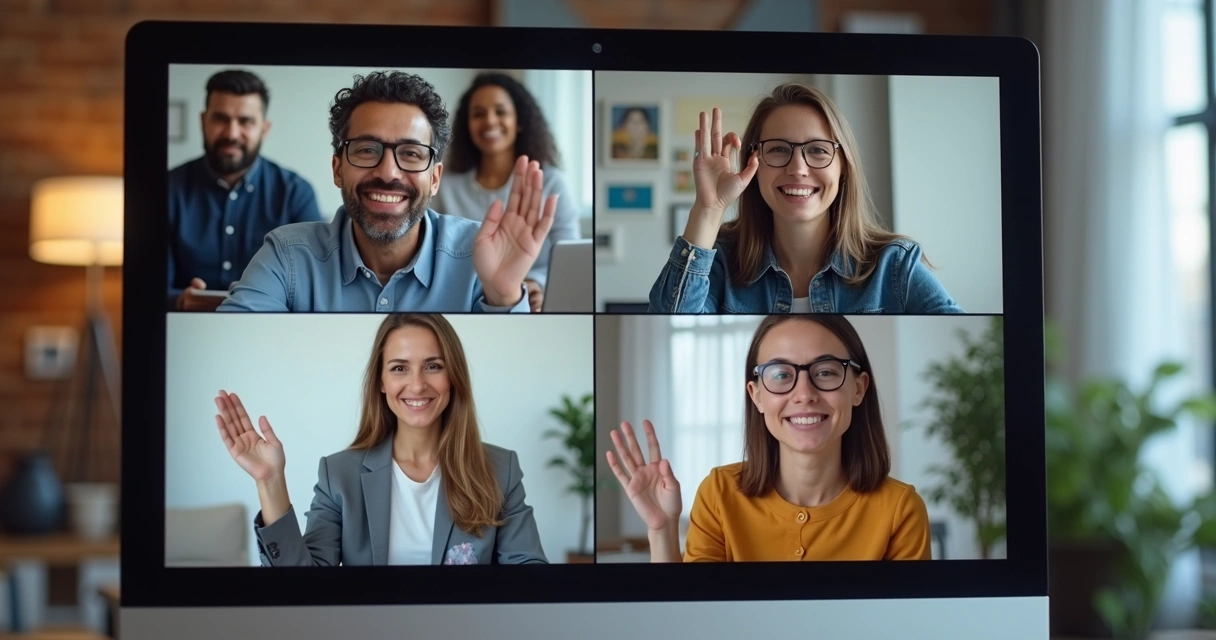 Equipe diversa em reunião virtual, interagindo e prestando atenção 