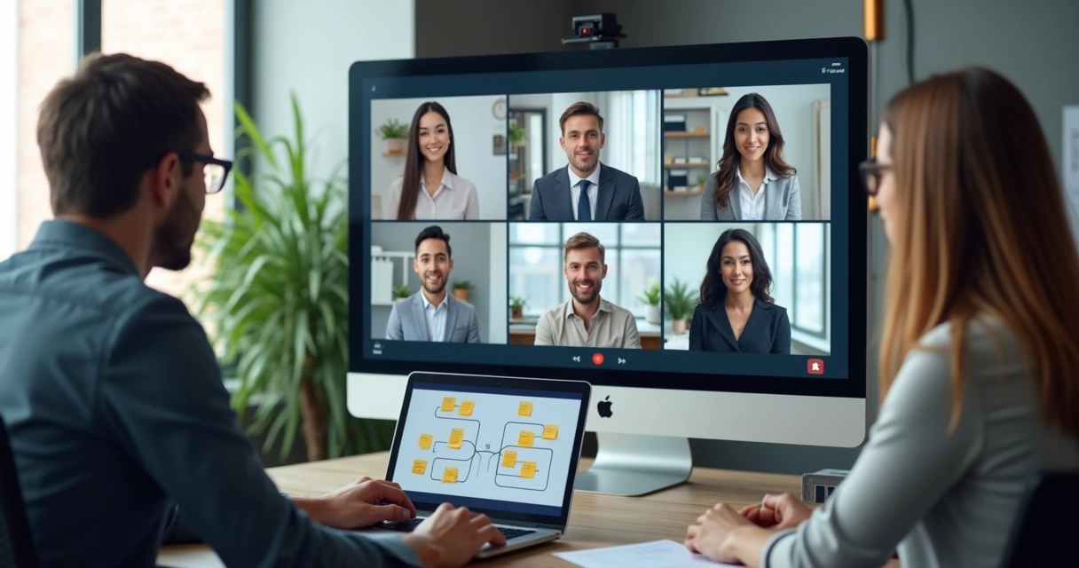 Grupo em reunião virtual com escuta ativa e anotações visíveis